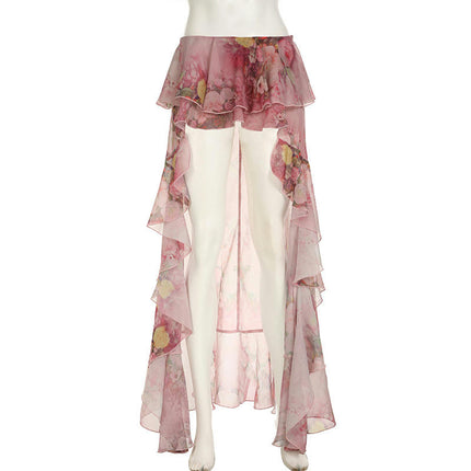 Women's High Waist Asymmetrical High Low Tiered Ruffle Maxi Skirt