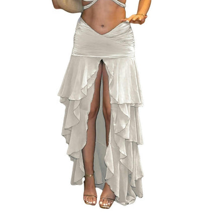 Women Boho High Waist Slit Tiered Layered Ruffle Maxi Skirt