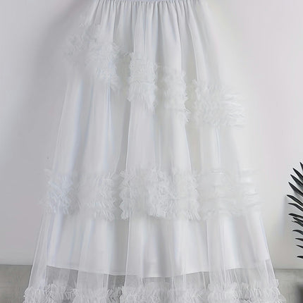 Women Tulle Skirts Ruffle Tutu Skirt Midi Length Elastic High Waist A Line Skirt