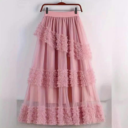 Women Tulle Skirts Ruffle Tutu Skirt Midi Length Elastic High Waist A Line Skirt
