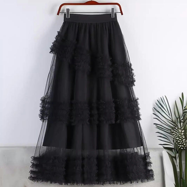 Women Tulle Skirts Ruffle Tutu Skirt Midi Length Elastic High Waist A Line Skirt