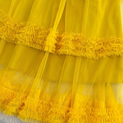 Women Tulle Skirts Ruffle Tutu Skirt Midi Length Elastic High Waist A Line Skirt