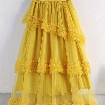 Women Tulle Skirts Ruffle Tutu Skirt Midi Length Elastic High Waist A Line Skirt