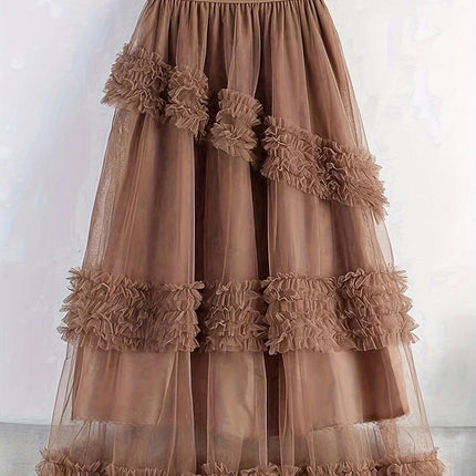 Women Tulle Skirts Ruffle Tutu Skirt Midi Length Elastic High Waist A Line Skirt