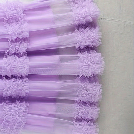 Women Tulle Skirts Ruffle Tutu Skirt Midi Length Elastic High Waist A Line Skirt