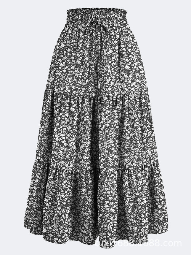 Women's Long Skirts Boho Floral Elastic High Waist Tiered Ruffle Midi Skirt