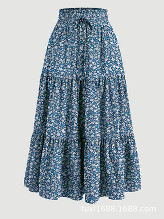 Women's Long Skirts Boho Floral Elastic High Waist Tiered Ruffle Midi Skirt
