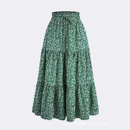 Women's Long Skirts Boho Floral Elastic High Waist Tiered Ruffle Midi Skirt