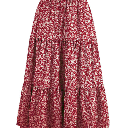 Women's Long Skirts Boho Floral Elastic High Waist Tiered Ruffle Midi Skirt