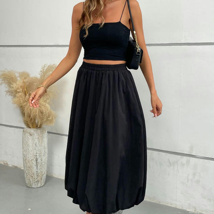 Women Bubble Maxi Skirt Casual Elastic High Waist Flowy A Line Summer Ruffle Balloon Skirt