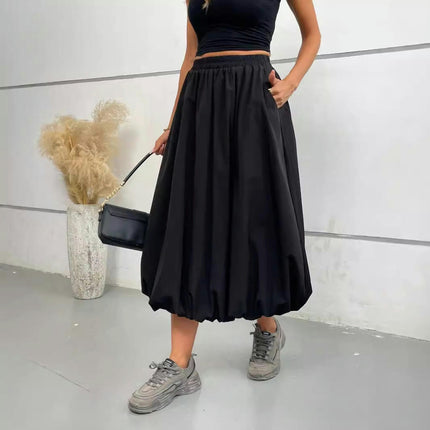 Women Bubble Maxi Skirt Casual Elastic High Waist Flowy A Line Summer Ruffle Balloon Skirt