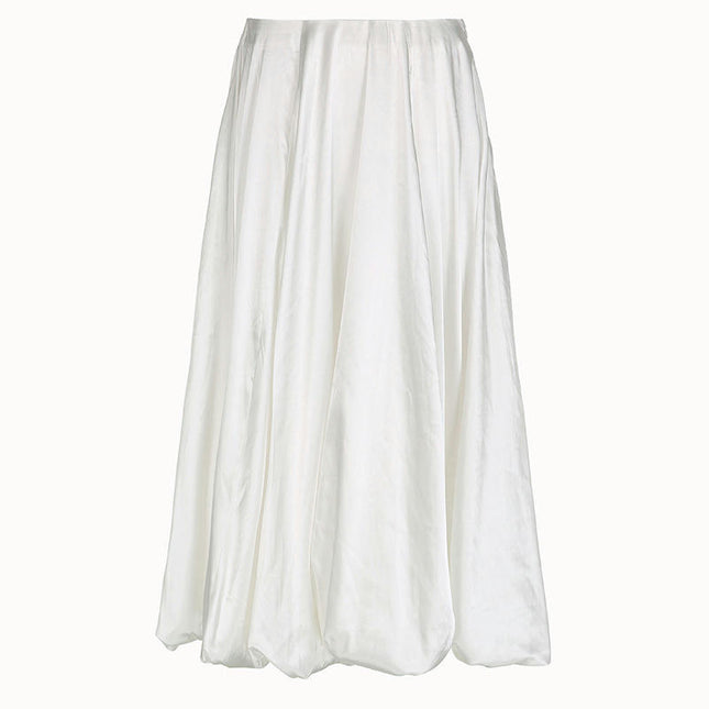 Women Satin Bubble Maxi Skirt Casual High Waist Flowy A Line Summer Ruffle Balloon Skirt