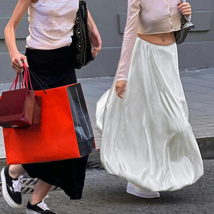 Women Satin Bubble Maxi Skirt Casual High Waist Flowy A Line Summer Ruffle Balloon Skirt
