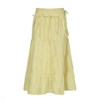 Women Boho High Waist Bow A Line Tiered Ruffle Beach Midi Skirt