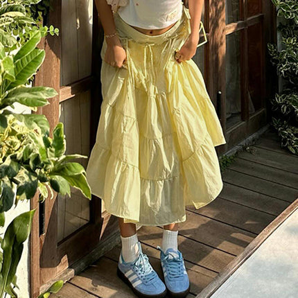 Women Boho High Waist Bow A Line Tiered Ruffle Beach Midi Skirt