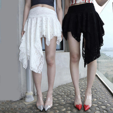 Women Lace Ruffle Mini Skirt Asymmetrical Low Waist Cute Skort Layered Flowy Slip Skirts