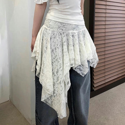 Women Lace Ruffle Mini Skirt Asymmetrical Low Waist Cute Skort Layered Flowy Slip Skirts