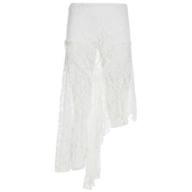 Women's Lace Midi Skirt Asymmetrical Ruffle Sheer See-Through Flowy Skirt with Shorts