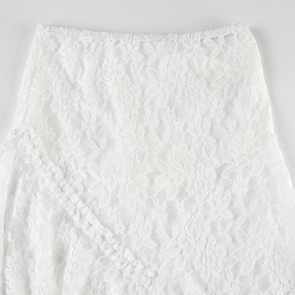 Women's Lace Midi Skirt Asymmetrical Ruffle Sheer See-Through Flowy Skirt with Shorts