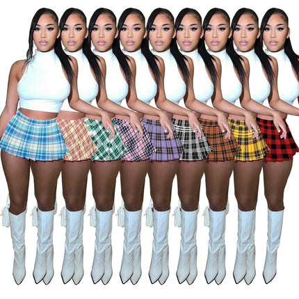 Women's Mini Pleated Skirts Plaid High Wiast Stretchy A-line Skirt
