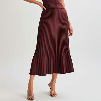 Womens Pleated Midi Skirt High Waist Swing Boho Casual A-line Long Skirts