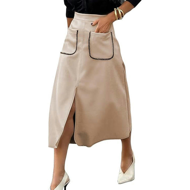 Women's Faux Suede Skirt Elastic Waist Front Pockets A Line Midi Skirts with Split