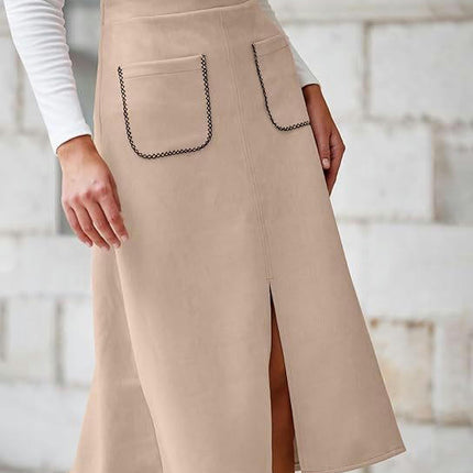 Women's Faux Suede Skirt Elastic Waist Front Pockets A Line Midi Skirts with Split