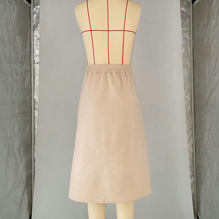 Women's Faux Suede Skirt Elastic Waist Front Pockets A Line Midi Skirts with Split