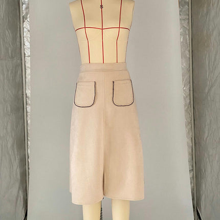 Women's Faux Suede Skirt Elastic Waist Front Pockets A Line Midi Skirts with Split