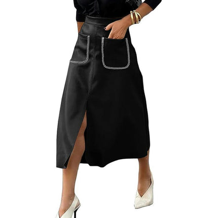 Women's Faux Suede Skirt Elastic Waist Front Pockets A Line Midi Skirts with Split