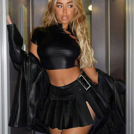 Women's A-Line Pleated Faux Leather Skirt Sexy Fashion Mini Skirt