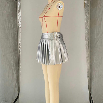 Women's A-Line Pleated Faux Leather Skirt Sexy Fashion Mini Skirt