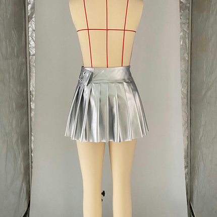 Women's A-Line Pleated Faux Leather Skirt Sexy Fashion Mini Skirt