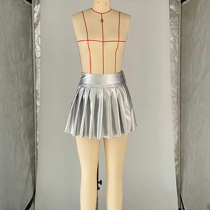 Women's A-Line Pleated Faux Leather Skirt Sexy Fashion Mini Skirt