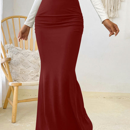 Women's Casual Ruched High Waisted Fishtail Bodycon Long Maxi Skirt