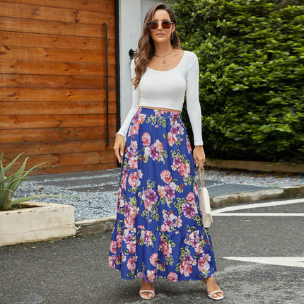 Women's Boho Maxi Skirt Floral High Waist A-Line Ruffle Flowy Long Skirts