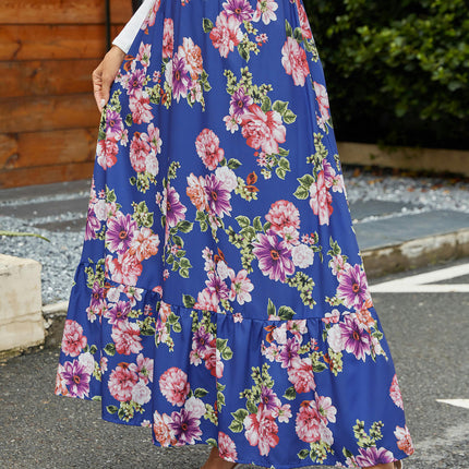 Women's Boho Maxi Skirt Floral High Waist A-Line Ruffle Flowy Long Skirts