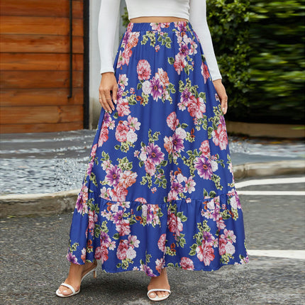 Women's Boho Maxi Skirt Floral High Waist A-Line Ruffle Flowy Long Skirts