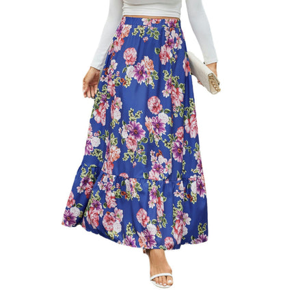Women's Boho Maxi Skirt Floral High Waist A-Line Ruffle Flowy Long Skirts