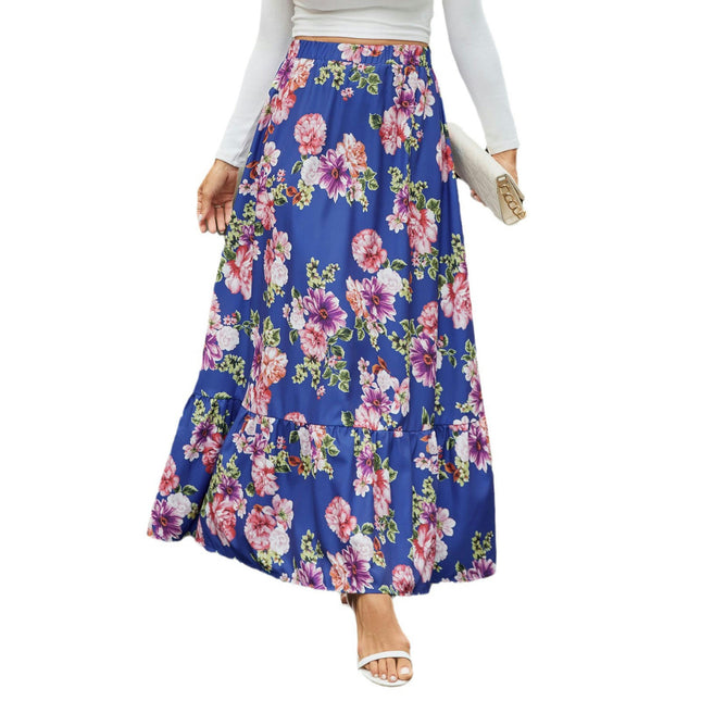 Women's Boho Maxi Skirt Floral High Waist A-Line Ruffle Flowy Long Skirts