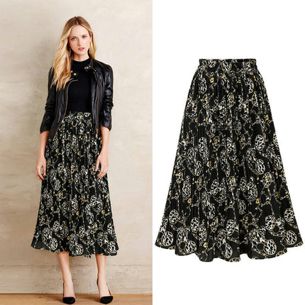 Women's Boho Floral Print Elastic High Waist Pleated A Line Midi Skirt