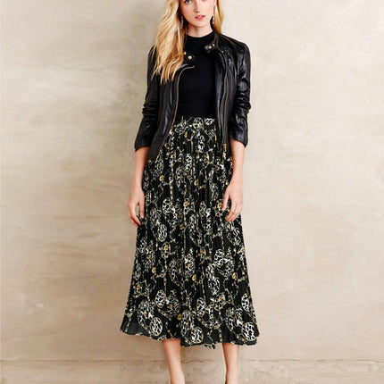 Women's Boho Floral Print Elastic High Waist Pleated A Line Midi Skirt