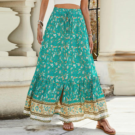 Women's Boho Floral Print Elastic High Waist Tiered Ruffle A Line Maxi Skirt