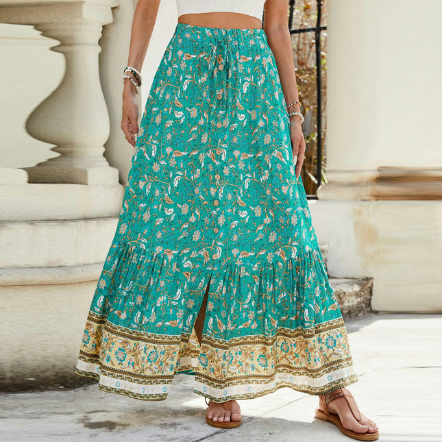 Women's Boho Floral Print Elastic High Waist Tiered Ruffle A Line Maxi Skirt