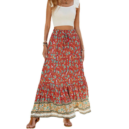 Women's Boho Floral Print Elastic High Waist Tiered Ruffle A Line Maxi Skirt