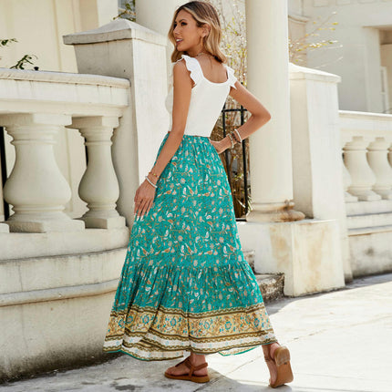 Women's Boho Floral Print Elastic High Waist Tiered Ruffle A Line Maxi Skirt