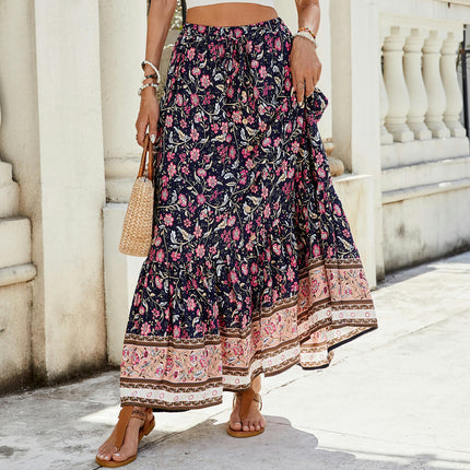 Women's Boho Floral Print Elastic High Waist Tiered Ruffle A Line Maxi Skirt