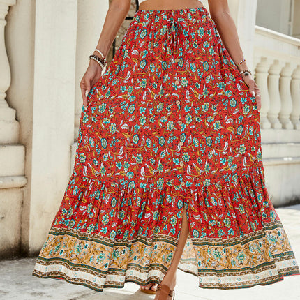 Women's Boho Floral Print Elastic High Waist Tiered Ruffle A Line Maxi Skirt