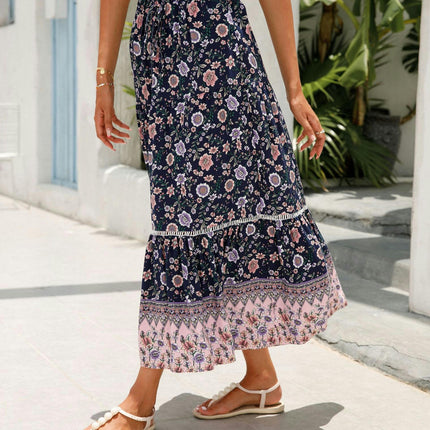 Women's Floral Midi Skirts Elastic High Waist A-Line Ruffle Swing Skirts