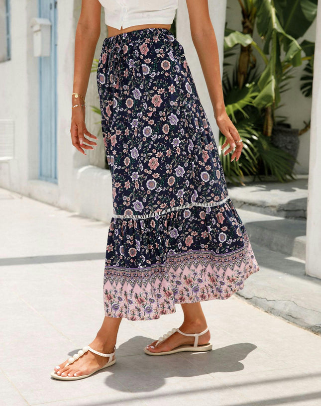 Women's Floral Midi Skirts Elastic High Waist A-Line Ruffle Swing Skirts